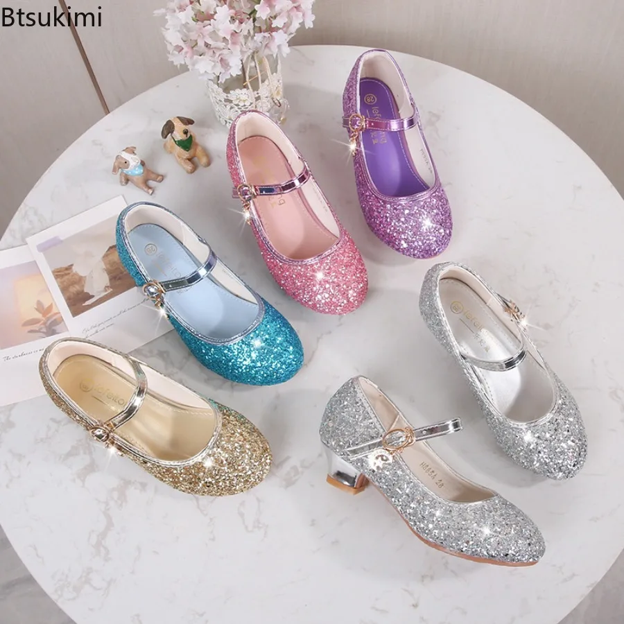New Girl's High Heel Shoes Sequins Versatile Children's Leather Shoes Princess Wedding Party Versatile Kids Causal Dresses Shoes