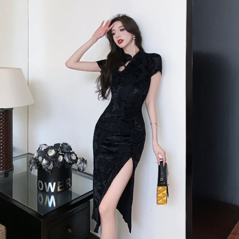 Black Modified Version of the Cheongsam Dress Young Girls Sexy Summer 2023 New Sense of Senior Package Hip Long Skirt