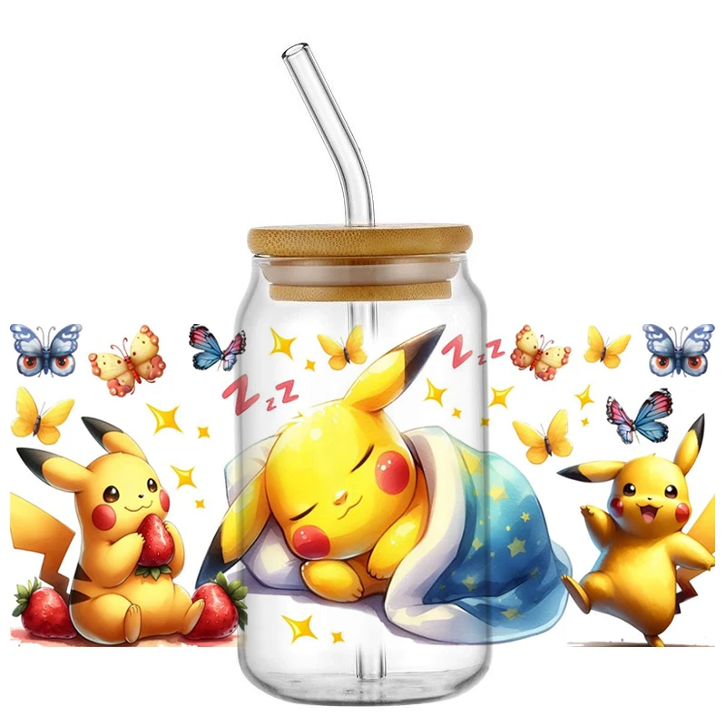 Miniso śliczne Pikachu naklejka zmywalna UV DTF folia na kubek do 16oz Libbey okulary Pokemon DIY kubek z motywem kreskówkowym naklejka transferowa