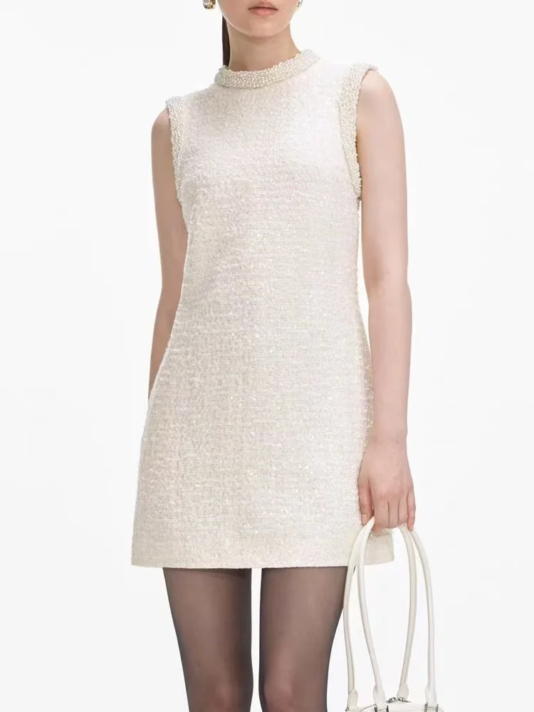 High Quality 2025 Spring New Fashion Tweed tank dress women Temperament Beadings Sequins Sleeveless Mini Robe Ladies
