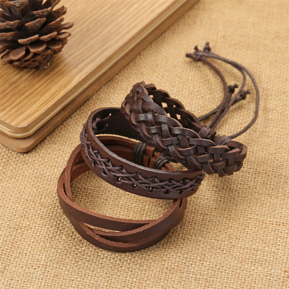 6 Pcs/Sets Trend Jewelry Handmade Weave Genuine Leather Bracelet Men Vintage Cuff Leather Bracelet Pulsera Hombre