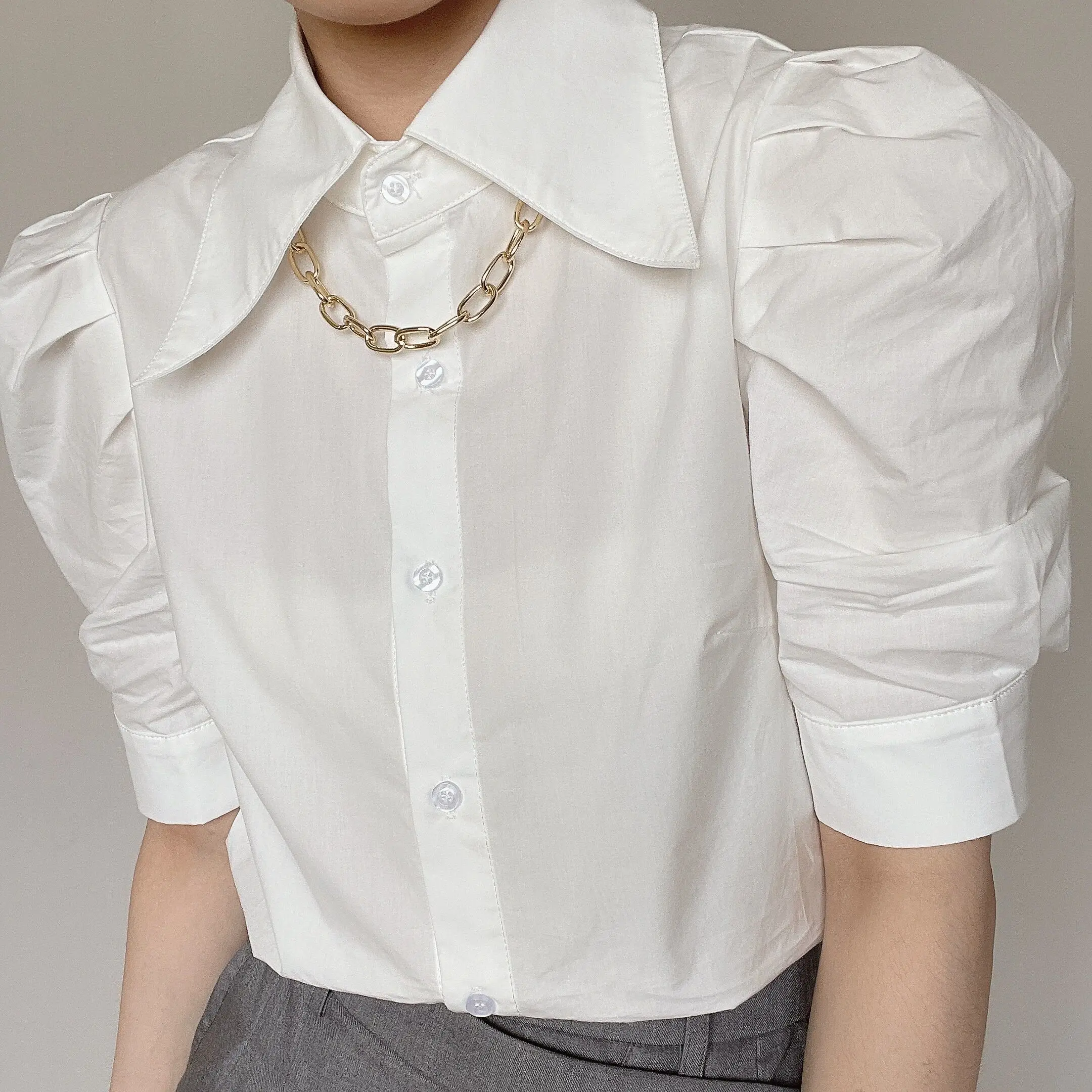 Shirt Lapel Button Puff Sleeves Anti-Wrinkle Fabric Daily Commuting Design Shirt 2024 New Summer Style