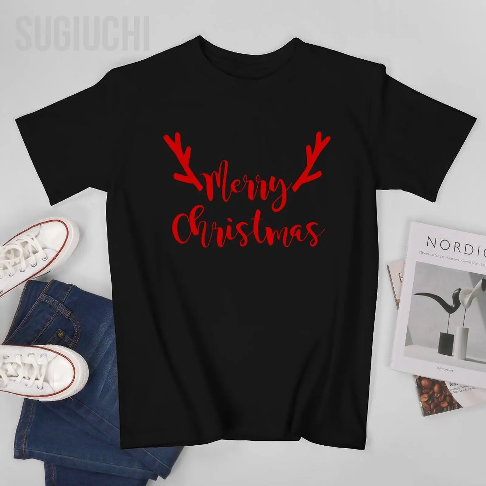 Unisex Men Merry Christmas Deer Horn Antlers Party Winter Holiday Tshirt Tees T Shirts Women Boys 100% Cotton T-Shirt