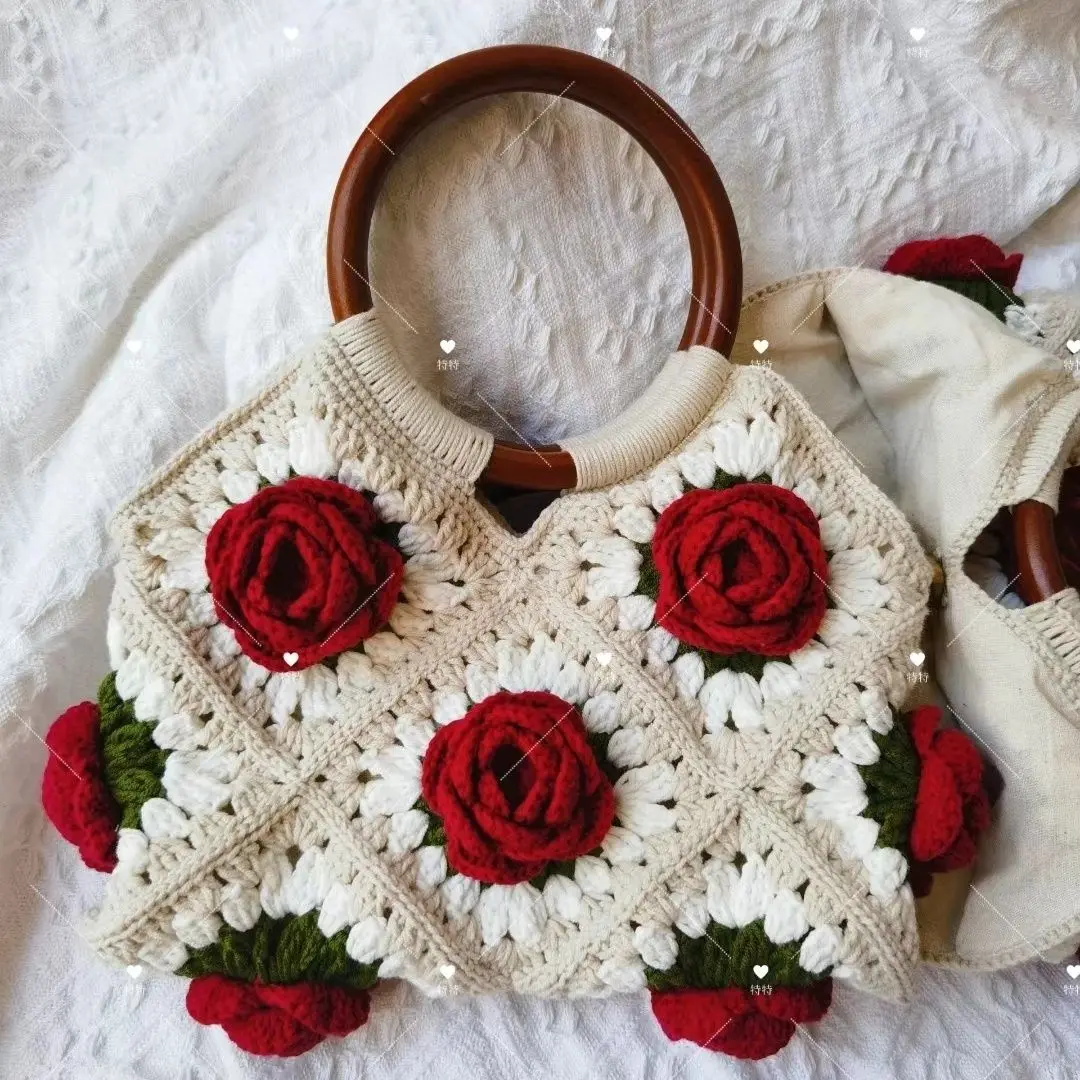 Finished product) Vintage Rose Handbag DIY 3D Outgoing Pure Handmade Woolen Hook Weaving Wooden Handle Handheld Versatile