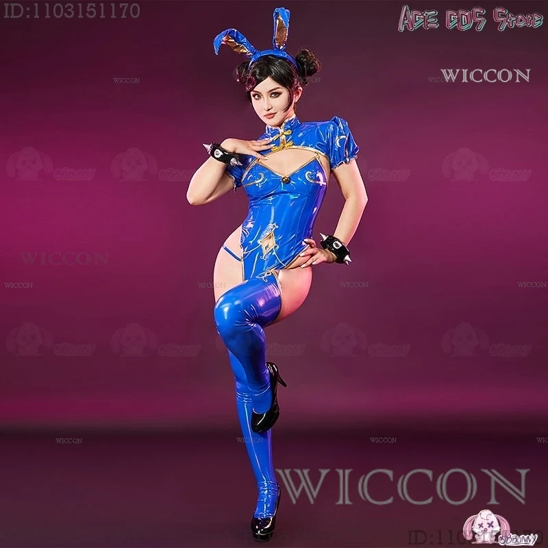 Street Chunli Chun Li Cosplay Costume Wig Fighter Game SF Role Play Bunny Girls Outfit PU Tight Skirt Halloween Sexy Dress Party