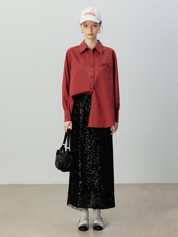 Black High Waist Shiny A-Line  Skirt Women's Fashionable Loose Commuter Long Skirt Autumn New Arrival EGGKA Brand