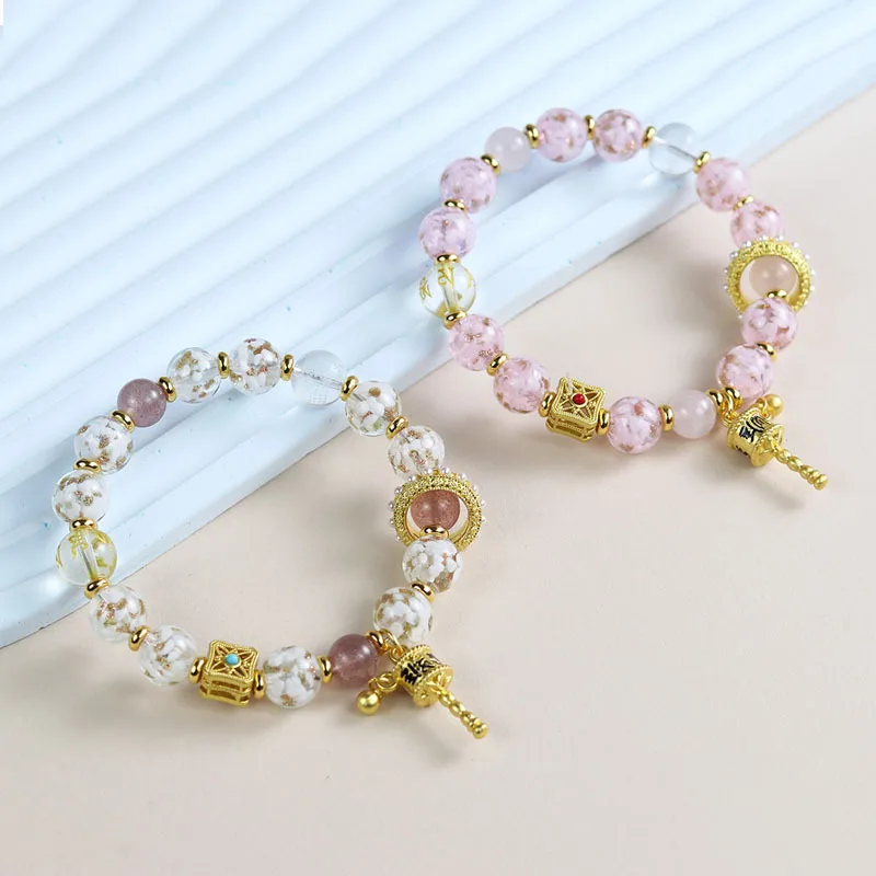 桜ガラスビーズブレスレット女性用高級エレガントピンクヴィンテージ風ビーズリストジュエリー繊細な花桜チャームギフト