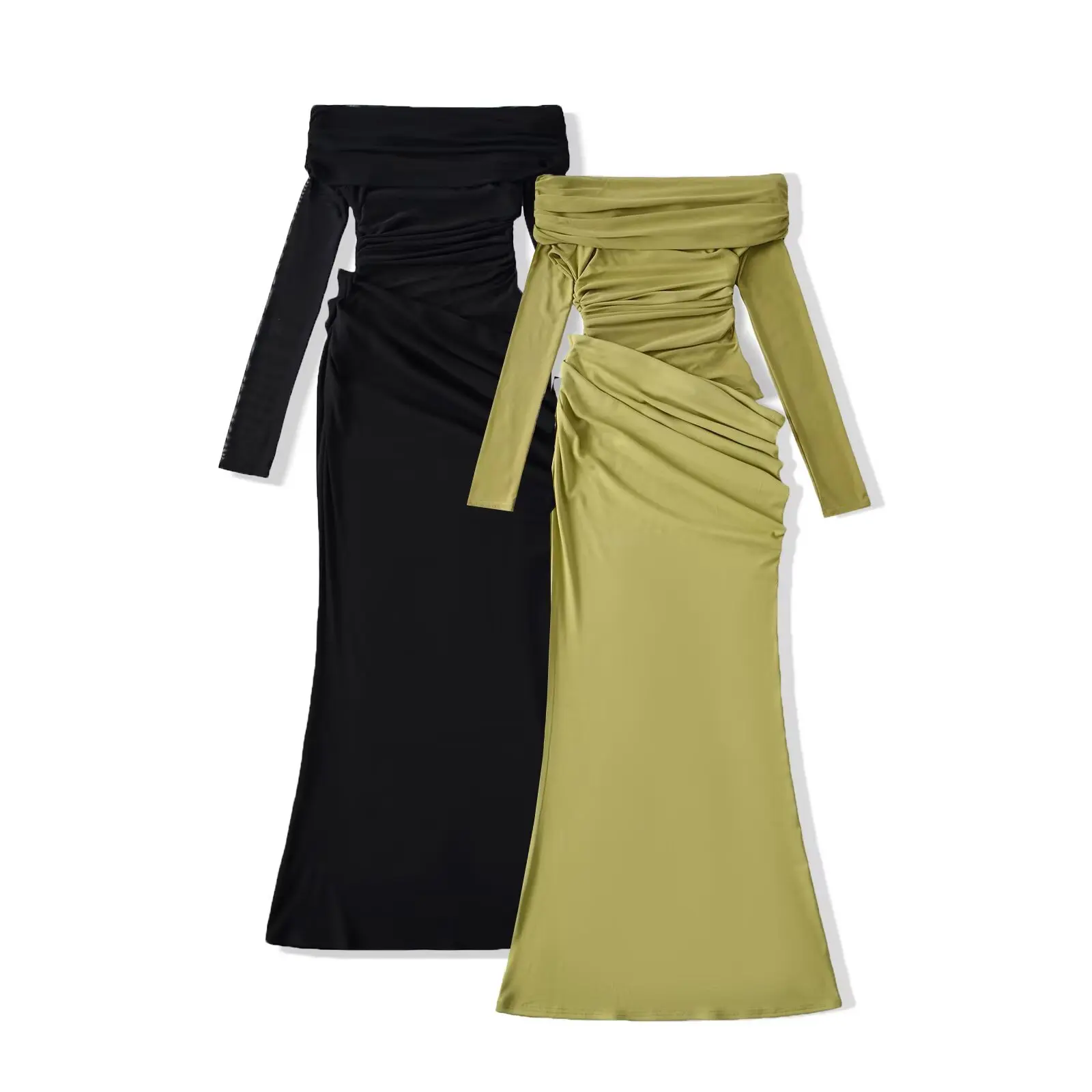 

European Style Mesh Insert Off Shoulder Dress Solid Color Sleeveless Party Dress for Women