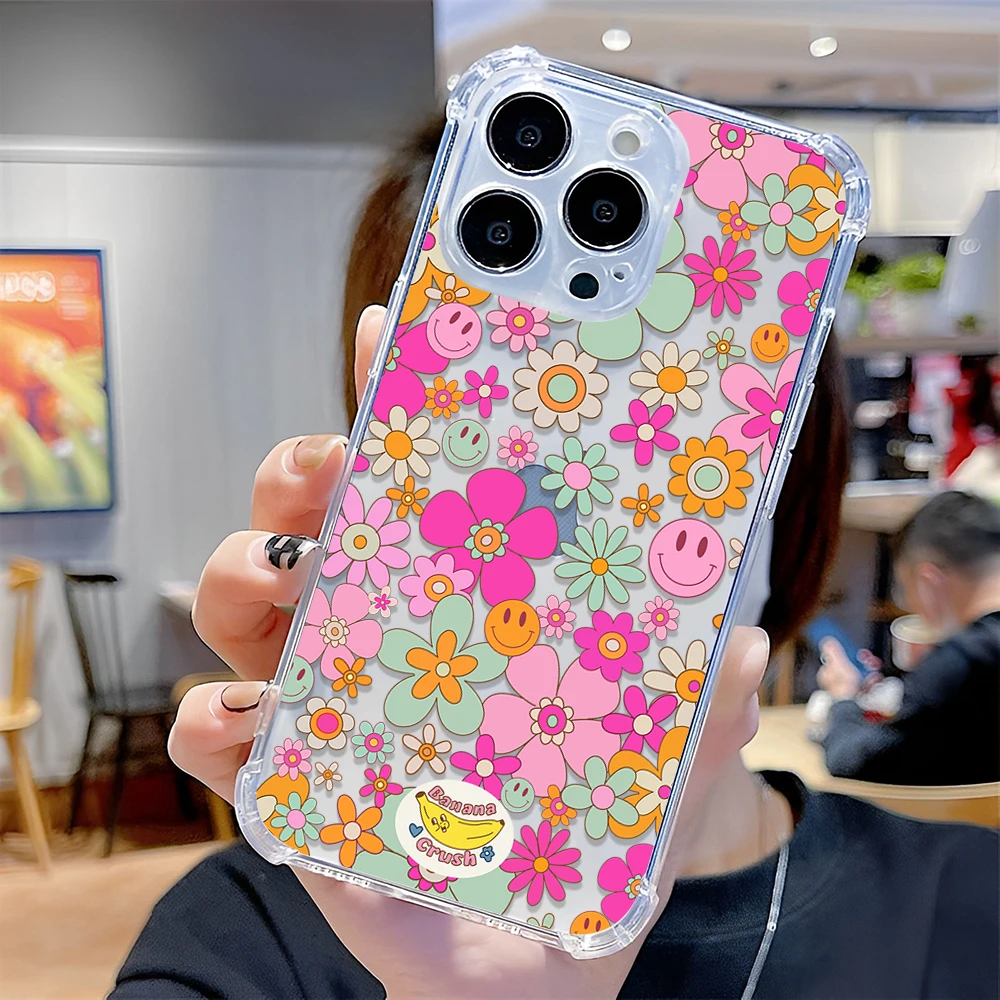 Fashion Flower Phone Case For IPhone 15 14 13 12 11 Pro X XS XR Max 7 8 Plus SE 2020 3 Mini Shockproof Soft Clear TPU Back Cover