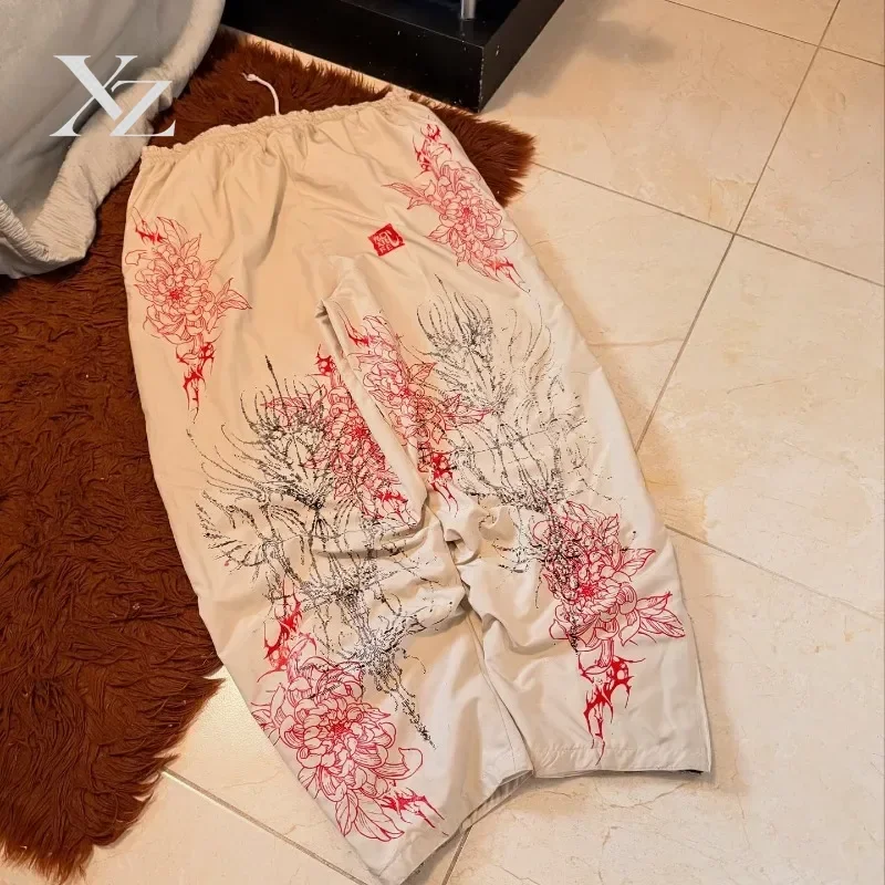 Harajuku Red Spider Lily Print Casual WideLeg Cargo Pants Japanese Unisex Street Fashion Loose Fit Comfortable Oversize Daily