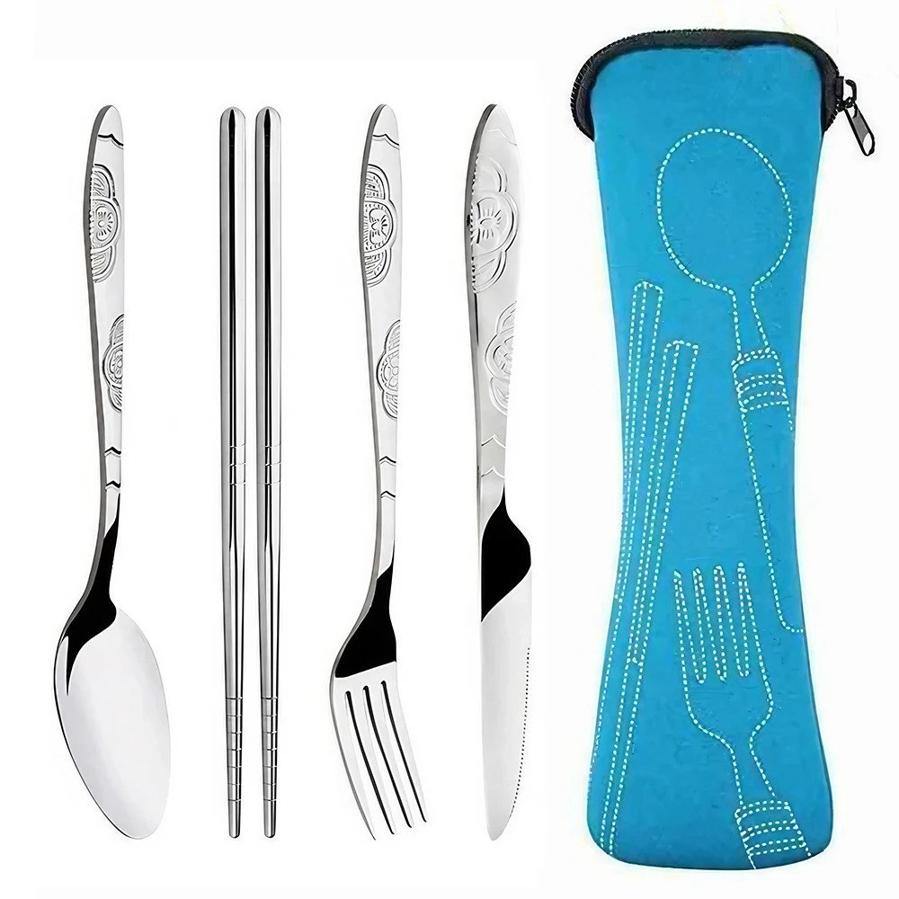 1 Set Portable Stainless Steel Printed Knife, Fork, Chopsticks and Spoon Set Flatware Set Student Portable Cutlery