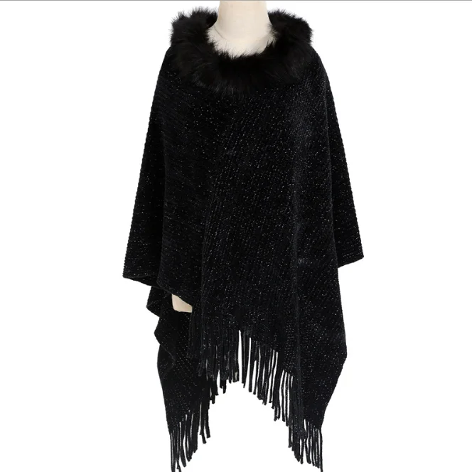 

Autumn Winter Warm Chenille Wool Collar Cloak Women's Large Monochrome Pullover Knitted Shawl Girl Tassel Coat keep Warm Black