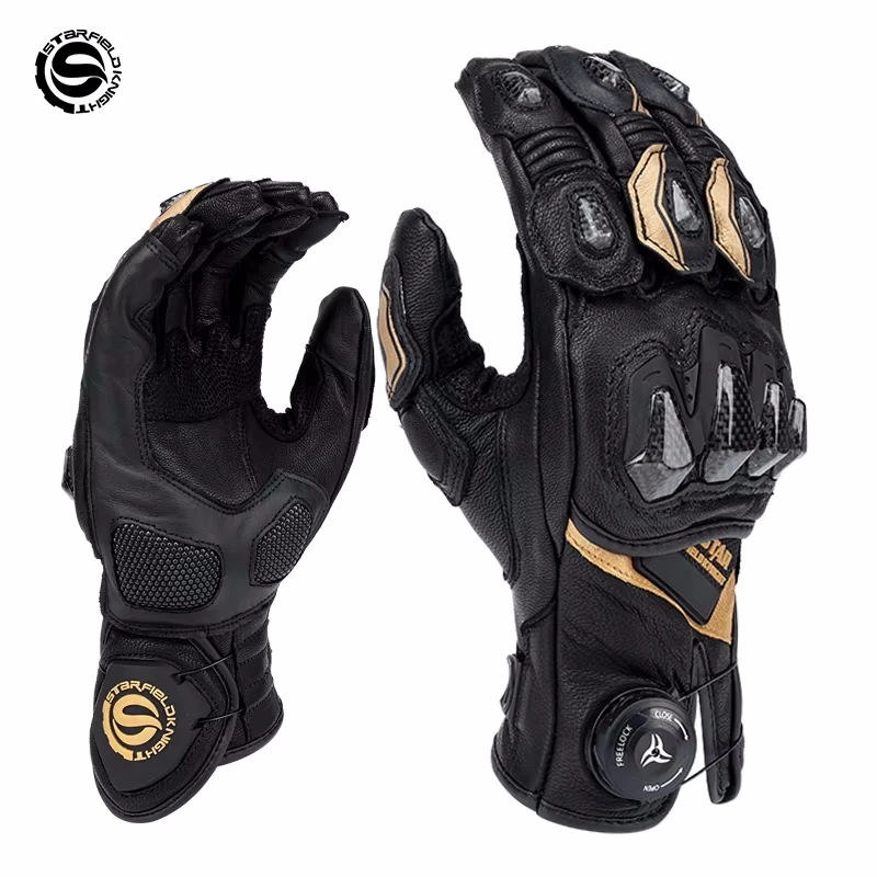 SFK Schwarz-gold Motorradhandschuhe Vollfinger Kohlefaser Knöchelschutz Sommer Atmungsaktive Reitausrüstung aus echtem Ziegenleder