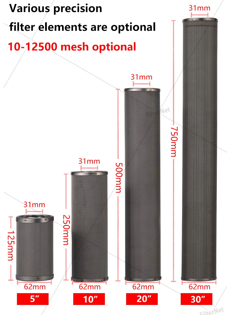 Filtro in acciaio inossidabile da 20 * 2,5 pollici 500 micron per alloggiamento del filtro in acciaio inossidabile da 20 pollici