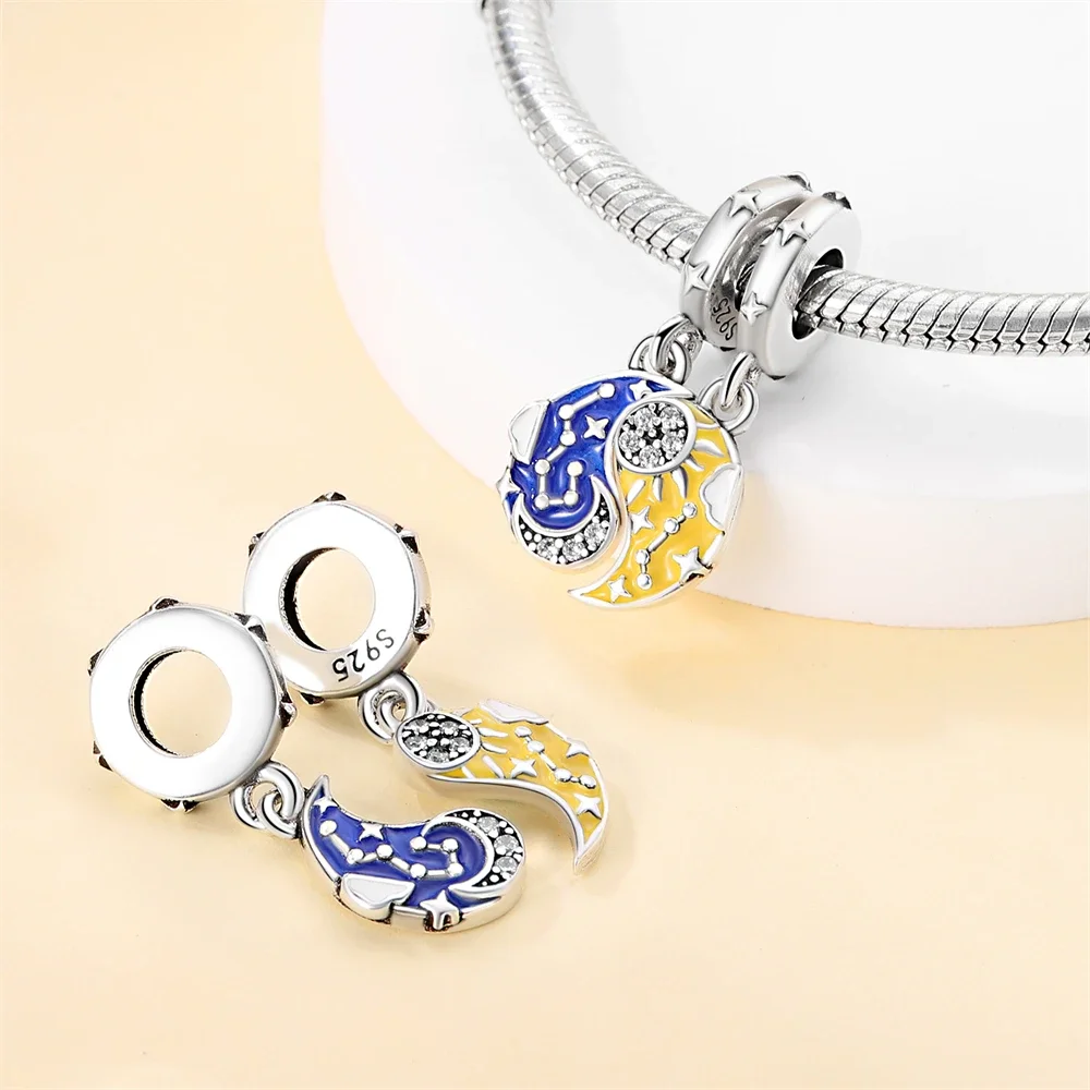 Charms Original 925er Silber vergoldet Stern Mond Kombination Anhänger Perlen passen Armband DIY feines Geschenk Frauen zarter Schmuck