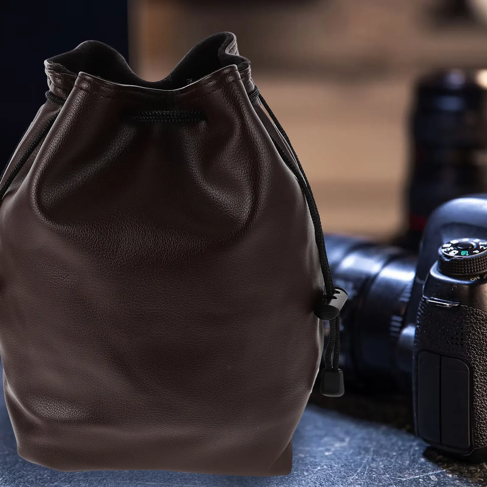 Premium Camera Storage Bag Protective Drawstring Liner Pack for Dslr Mirrorless Lenses Accessories Compact Travel Case Brown L