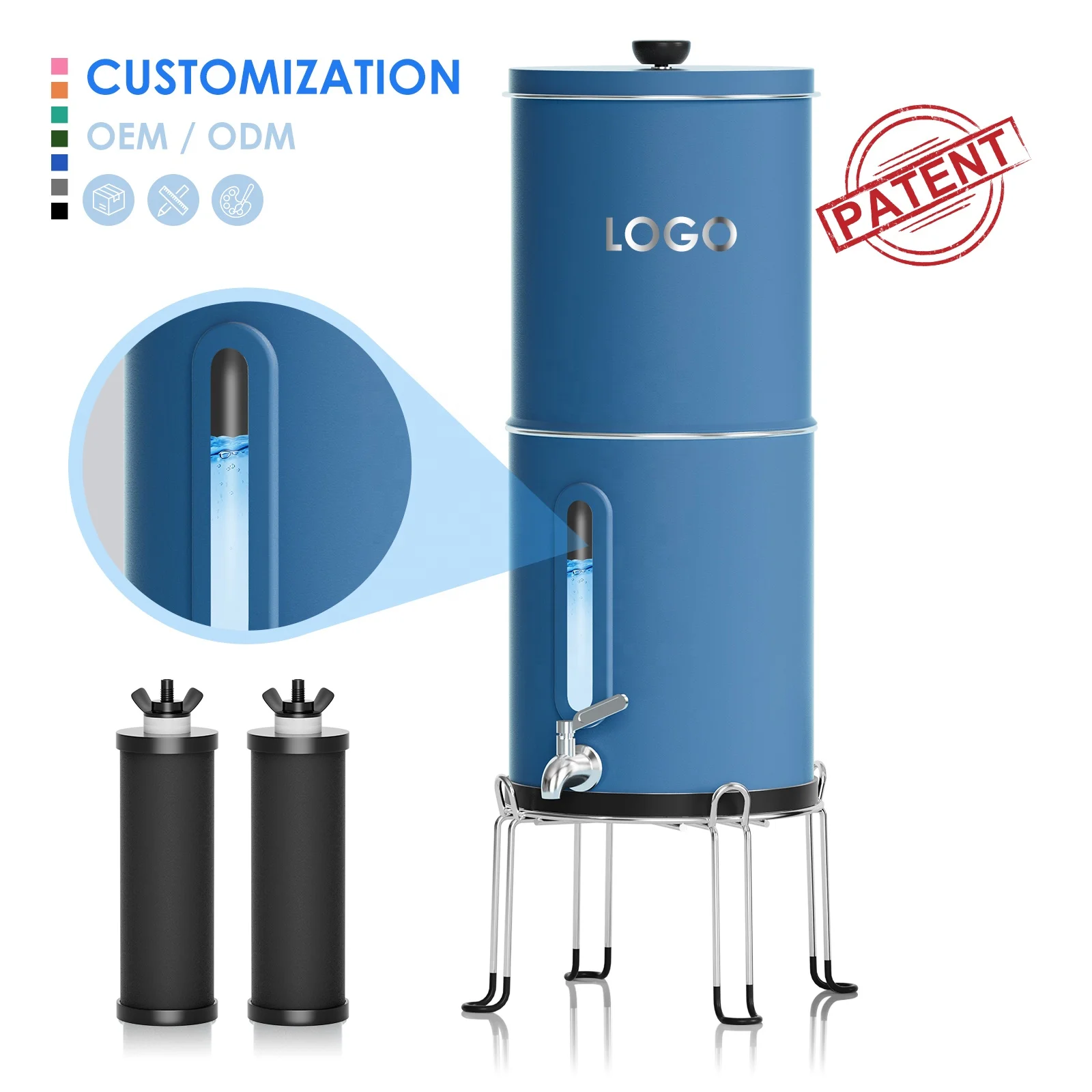 Patent protected design Stainless steel countertop water purifier to remove chlorine 1.5 gallon household water filter
