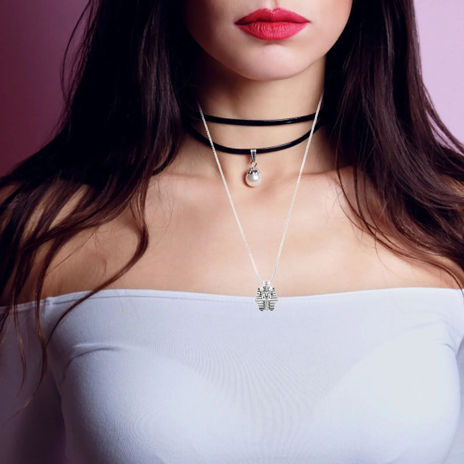 King Head Necklace Ancient Egyptian Style Mummy Motif Alloy Pendant Halloween Themed Jewelry Creepy Spooky Costume Accessory
