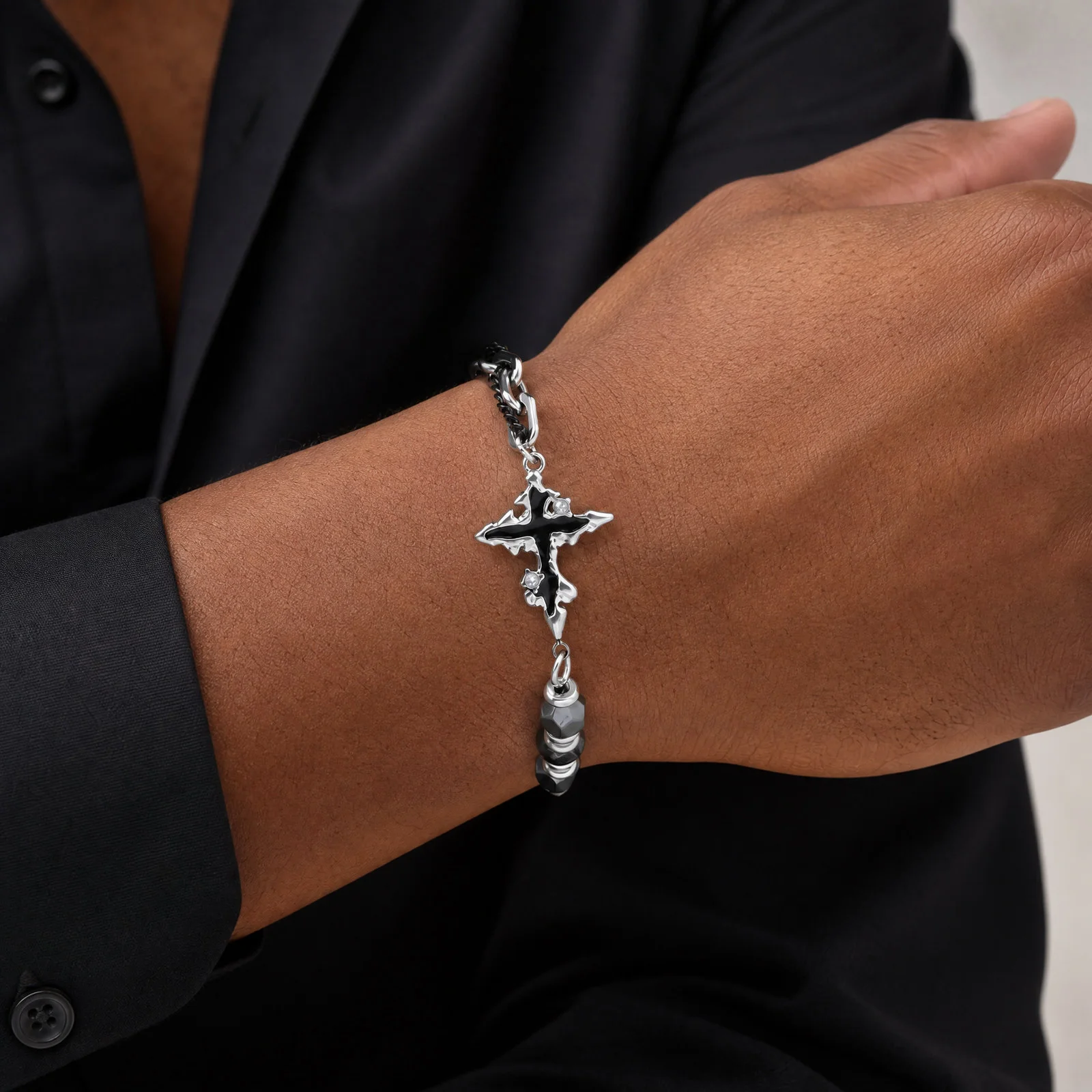 Vnox Men Bracelet Stainless Steel Flame Cross & Tiger Eye Hematite Bead Spliced Chain Punk Hip Hop Adjustable Jewelry Gift