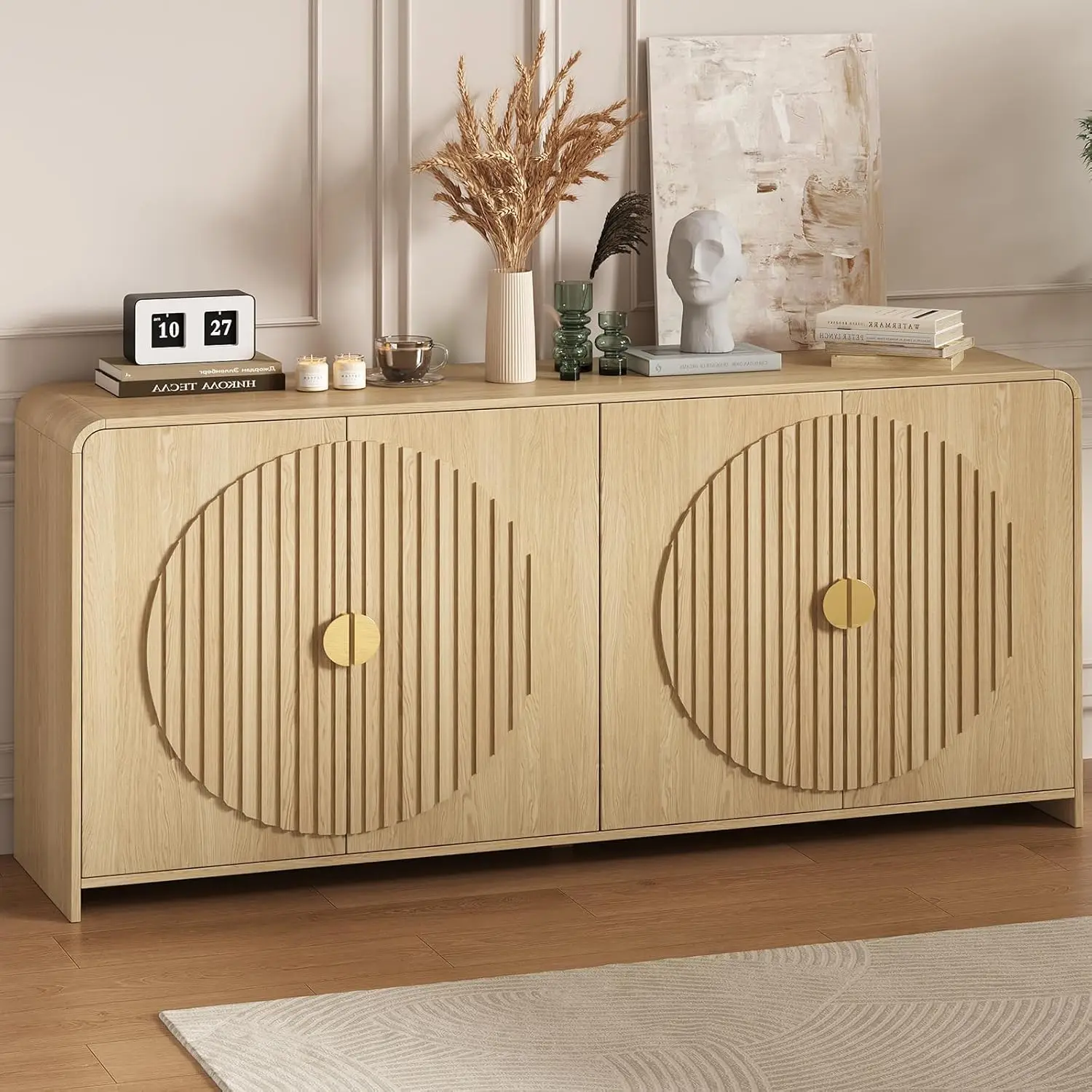 

Side Panel Buffet Cabinet with Storage Space, 65 Inch Modern Wooden Kitchen Buffet Storage Cabinet, Coffee Bar Station