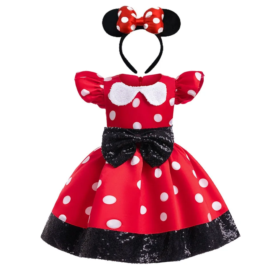 

Sequins Girls Red Mouse Knee Length Tutu Dress Polka Dot Kids Stage Performance Princess Birthday Party Dress Bow Matching Dress