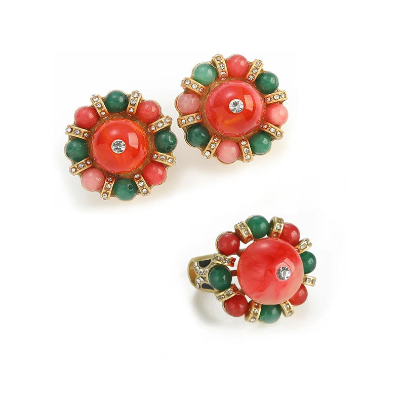 Vintage Red Green Agate Fruit Jewelry Sets Earrings Ring Luxury Brands Designers Antique High Quality Classic Daily Party Gifts