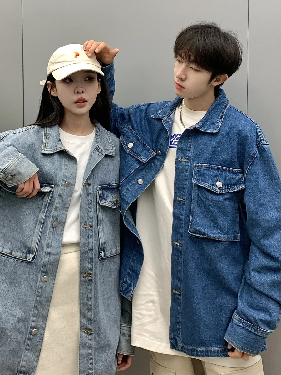 

Spring 2024 Men's Denim irt Long Sve American Sle Trendy Brand Casual Outerwear Couple Jaet Loose Fit Polyester