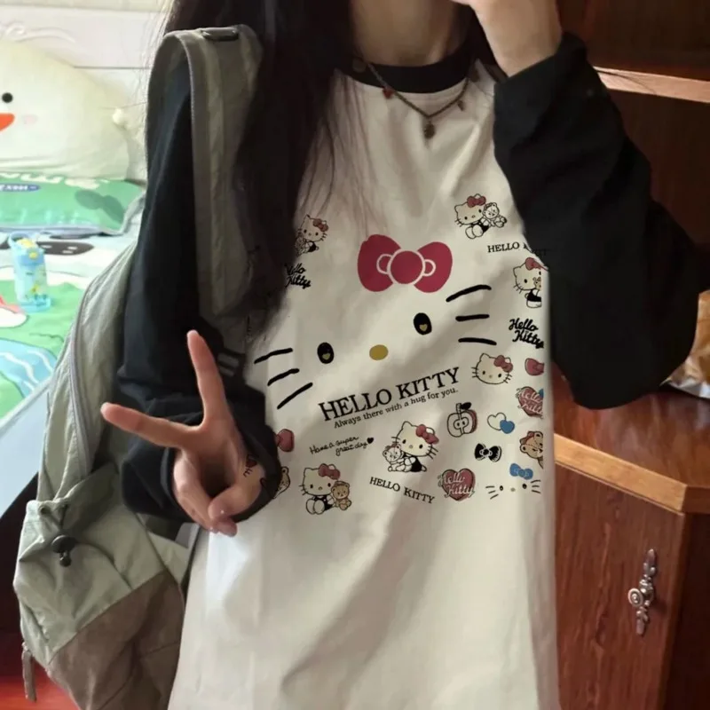 

Sanrio Hello Kitty, милый мультяшный топ с милым принтом, цветная хлопковая футболка с длинными рукавами, корейская версия, осенние футболки с круглым вырезом