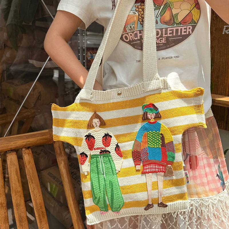 ELFSACK Striped Figure Applique Canvas Tote Bag, 2 Colors Cute Cartoon Character Patch Large Capacity Shoulder Shopping Bag