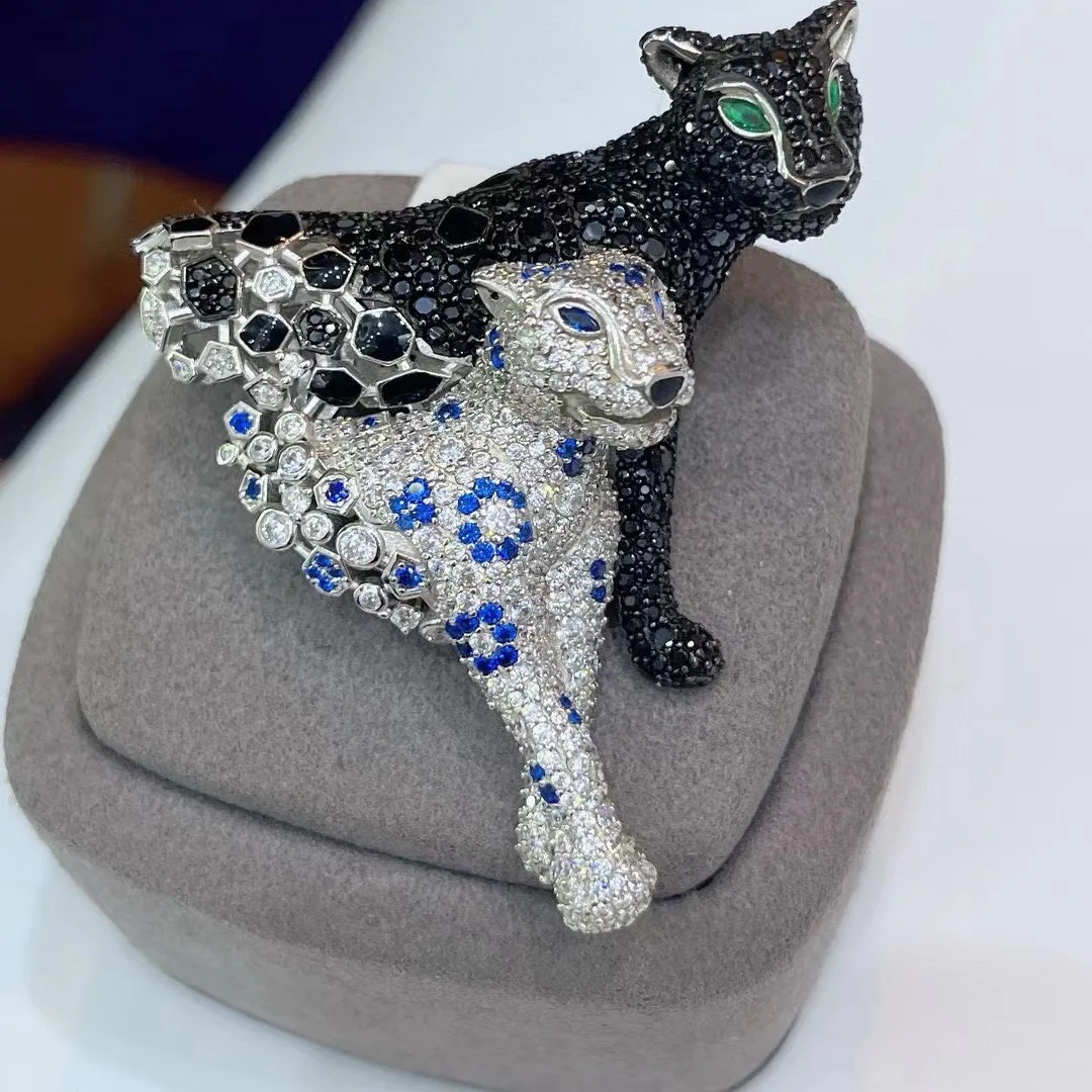 double leopards brooch black and white  mixed  color 925 sterling silver with cubic zircon unisex  fine jewerly for Women & Men
