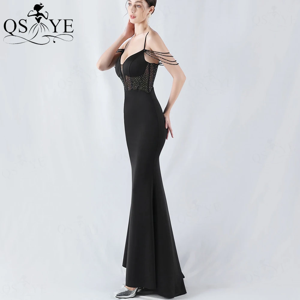 QSYYE Black Evening Dresses Hot Drill Sequin Waist Full Mermaid Formal Gown Beaded Straps Sweep Train Backless Prom Party Dress