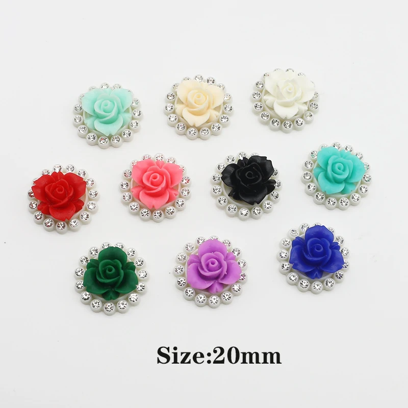 10Pcs 20mm Round Rose Plastic Button Rhinestone Flat Bottom Wedding Bow Ribbon Gift Box Packaging Craft Supplies