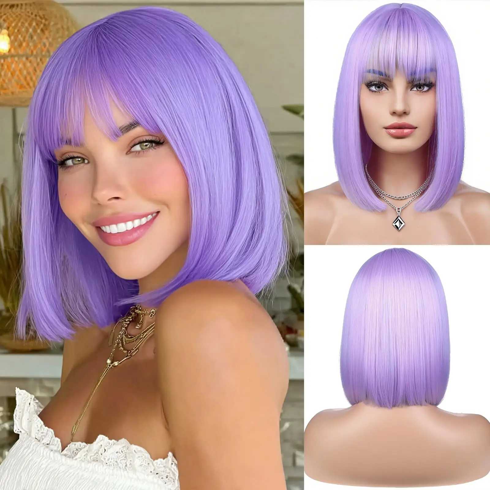 Modische rosa Bob-Frisur aus Kunsthaar für Partys, Halloween-Cosplay-Perücke, tägliches Hochtemperatur-Haaraccessoire-Set. – Detail 7