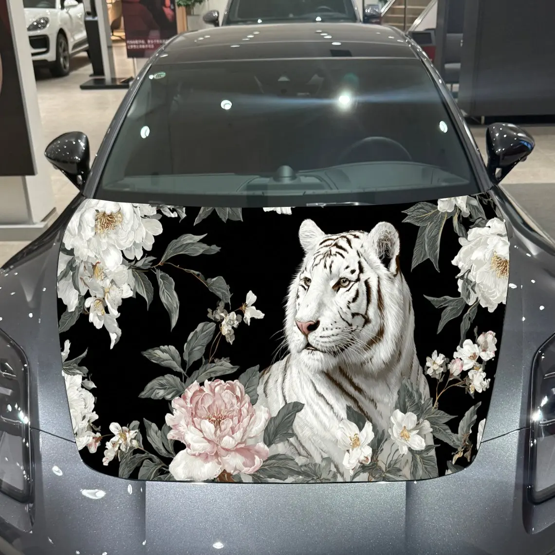 

Car Decal White Tiger Amid Floral Artistic Background & Mystic-Chinese Floral Fantasy Style Car Hood Sticker, Waterproof Self -