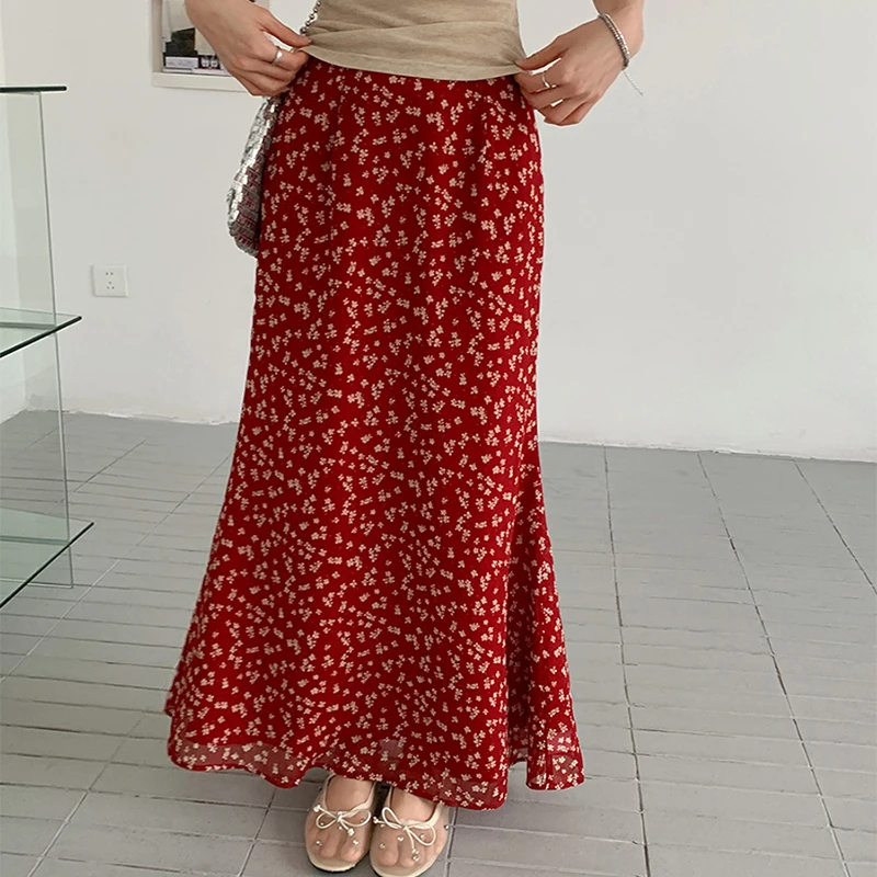 เกาหลีสูงเอวกระโปรงยาวสีแดงผู้หญิง High End ดอกไม้พิมพ์ Faldas 2025 ฤดูร้อนอารมณ์สง่างาม A-Line Maxi กระโปรง