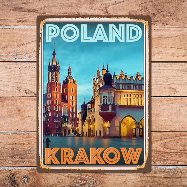 Krakow Poland Metal Tin Sign Metal Sign Home Room Wall Decor Retro Vintage Style Travel Poster Bar/Pub/Man Cave