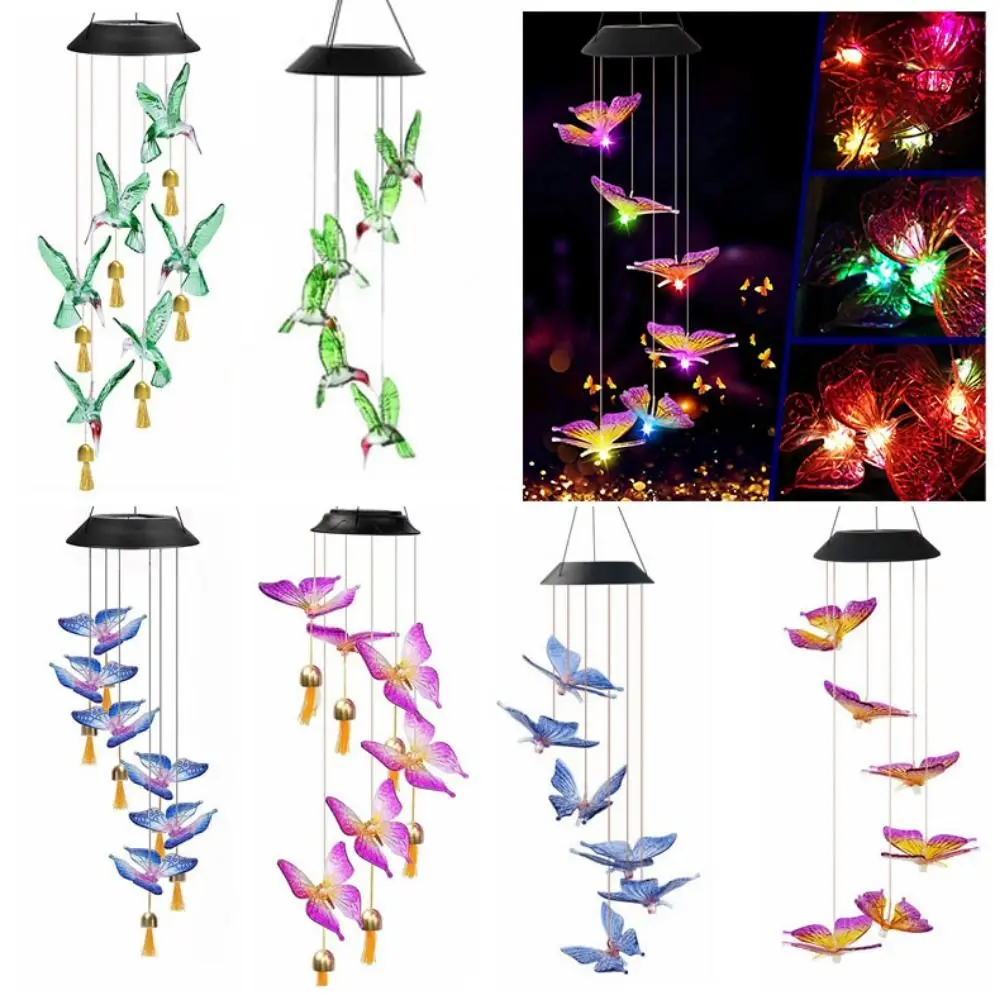Cute Solar Wind Chime Hanging Colorful Gradient Wind Chime Hanging Lamp Landscape Lamp Auto on/Off Solar Hummingbird Light