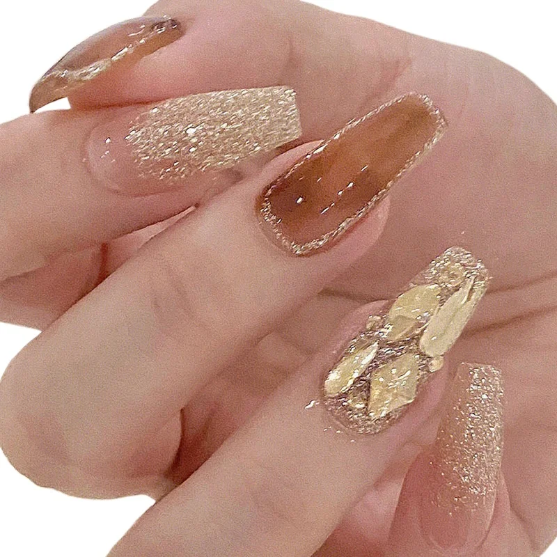 

New Wear Nail Long French Amber Shredded Diamond Nail Patch Removable Fake Nails