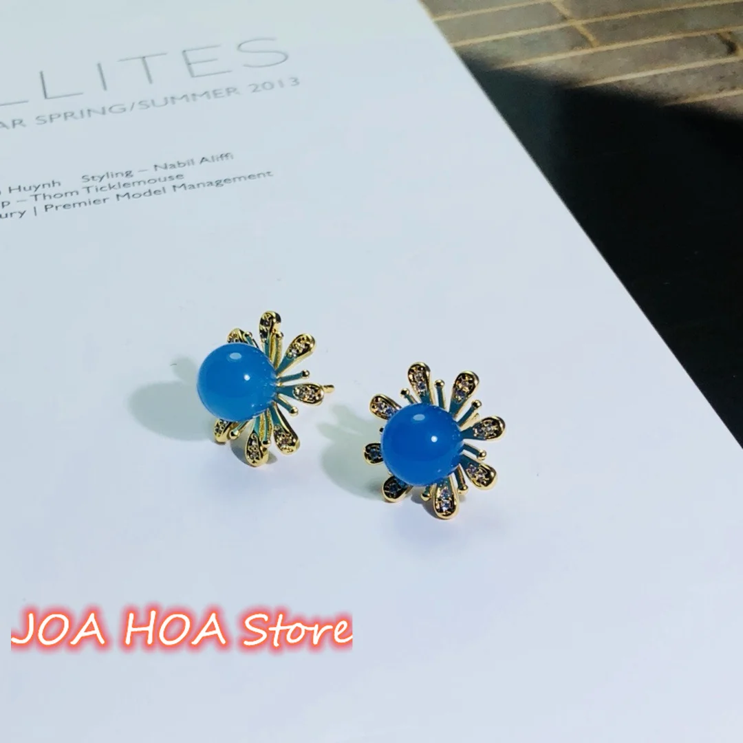 Sunflower Style High Quality Ear Studs 925 Silver With Gold Plated Inlay Natural Chalcedony Agate Jade Earrings Fine Jewelry
