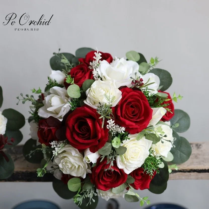 

PEORCHID Real Touch Fake Flowers Wedding Bouquet Red Cream White Rose Boho Eucalyptus Bouquet Bridal Artificial Bouquets