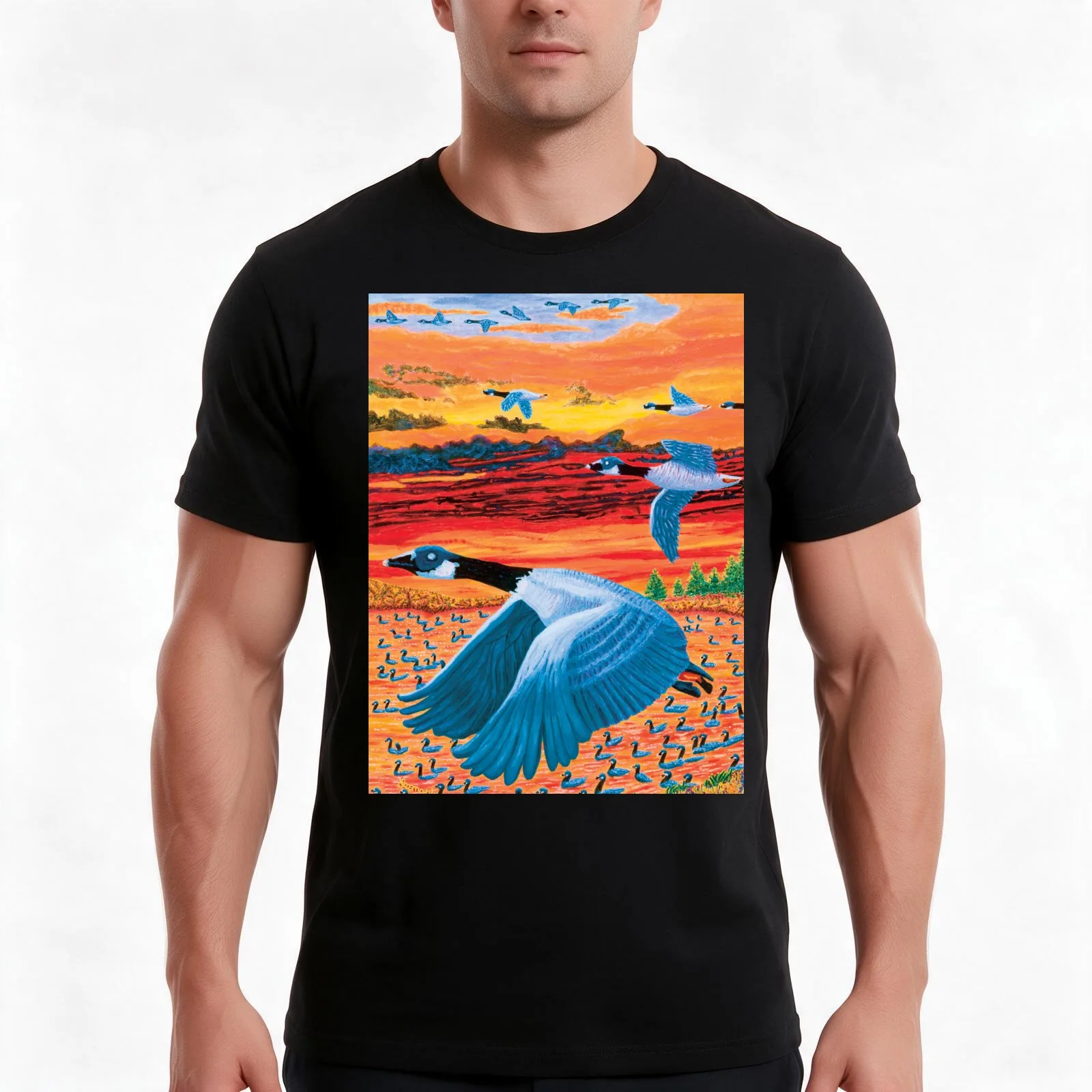 Flying Blue Geese T-Shirt Summer Casual Cotton Tee Oversized Streetwear Tops Vintage Graphic Print Loose Fit Short Sleeve