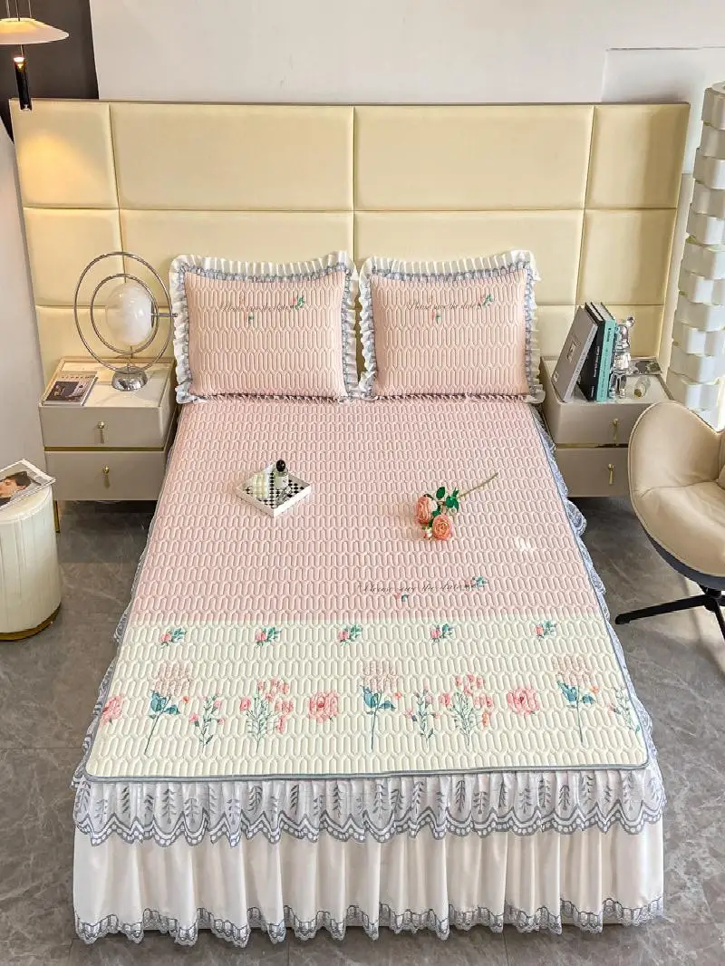 

Princ Sle Ice Silk Latex Cooling eet Tee-Piece Set with Lace Trim Bed Skirt Design Soft Summer Air Conditioning Mat ...