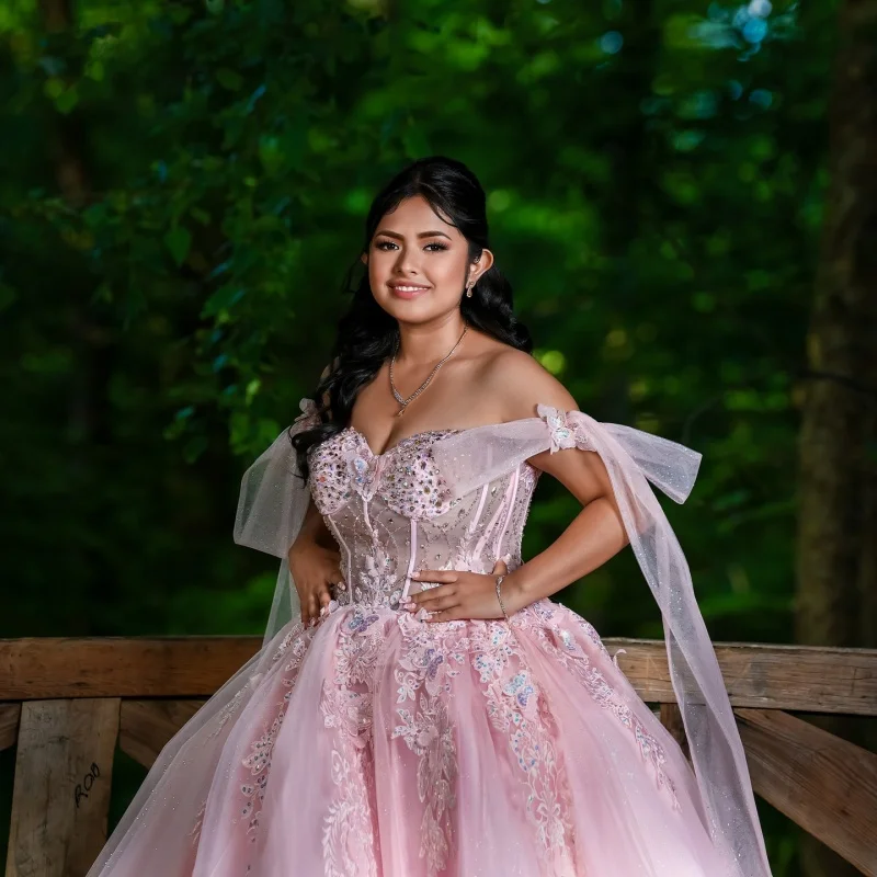 

Pink Quinceanera Dress off-shoulder crystal 3D flower Decal Lace Long tail Vestidos De 15 Quinceanera ﻿Customize