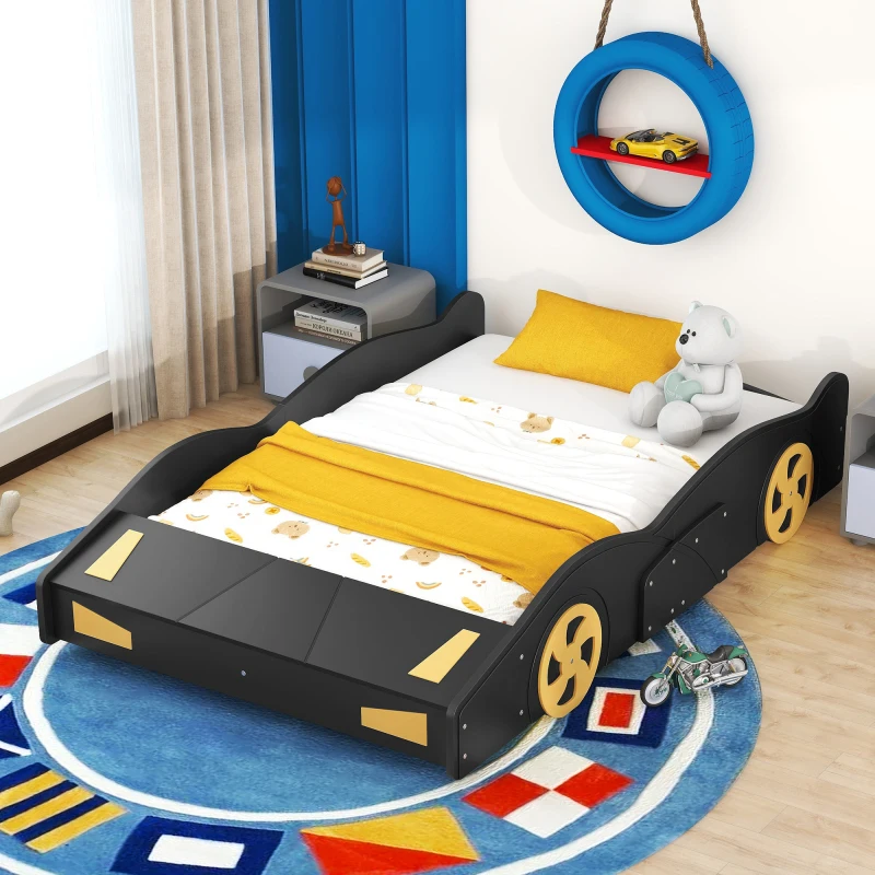 Full Size Race Car-Shaped Plataforma Cama com Rodas e Armazenamento, Preto e Amarelo