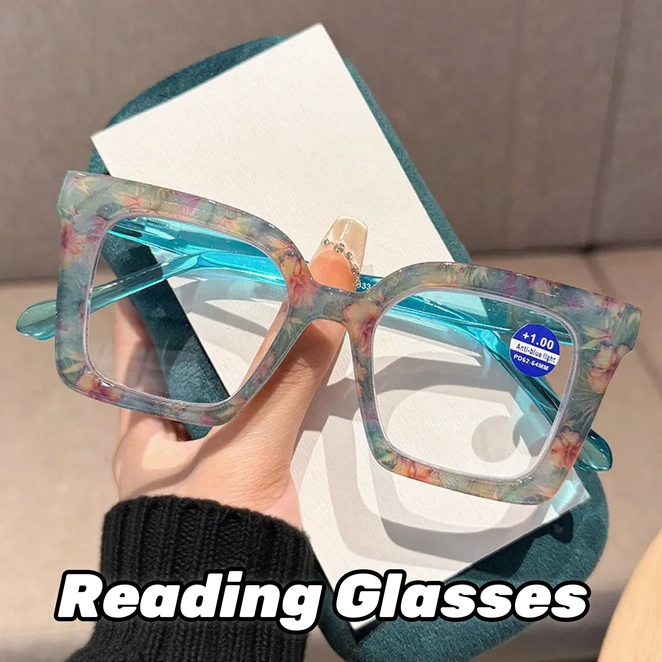 

European and American Trendy Large Frame Color Blocked Reading Glasses Fashionable Anti Blue Light Spring Foot Reading Glasses