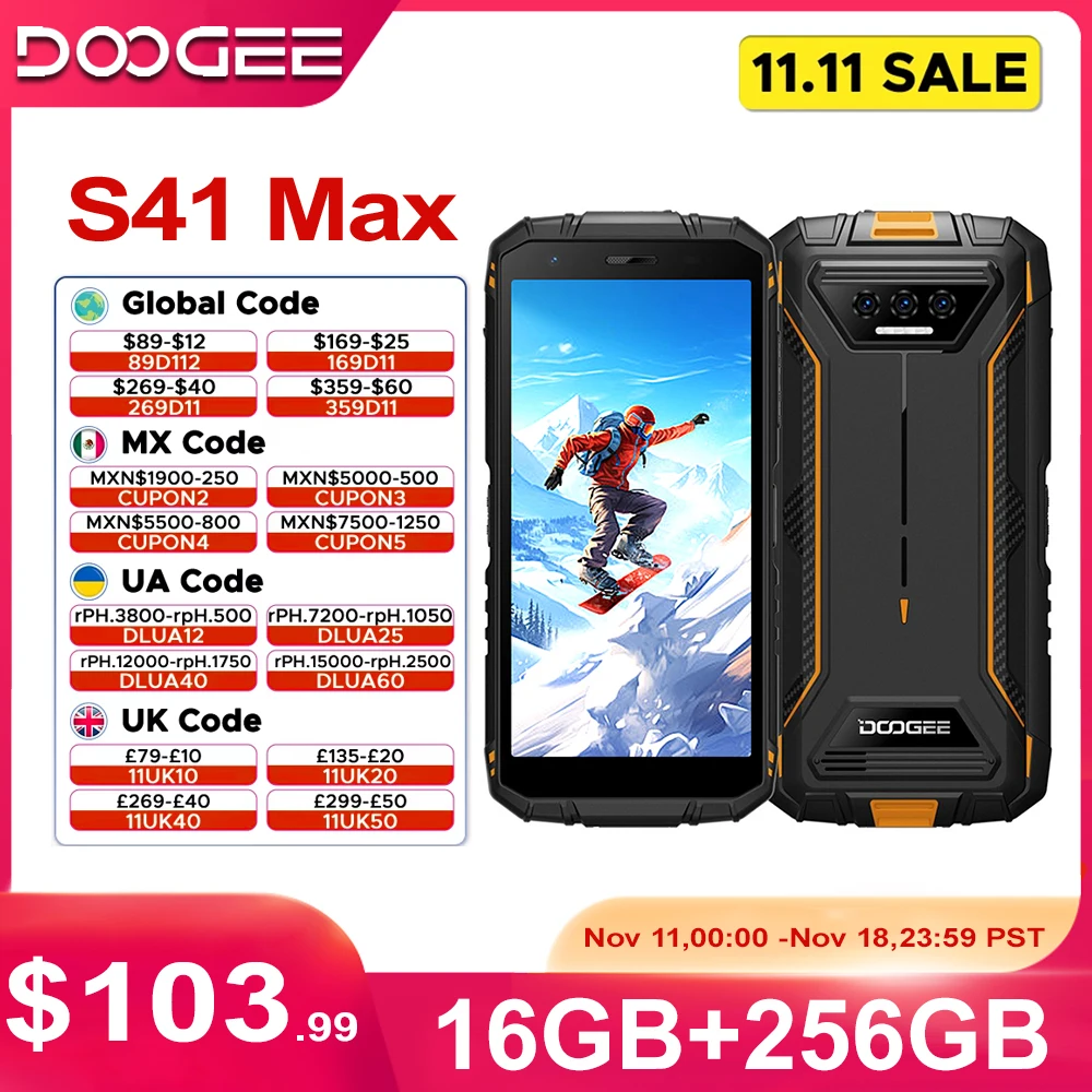 DOOGEE S41 맥스 러기드 스마트폰, 6300mAh, 13MP AI 트리플 카메라 휴대폰, NFC 4G, 안드로이드 13 휴대폰, 16GB, 256GB