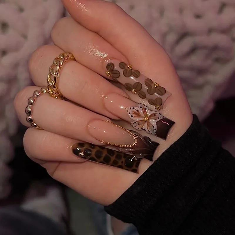 24Pcs Long Coffin False Nails Pink French Flowers Design Fake Nail with Butterfly Rhinestone Wearable Ballet Press on Nails