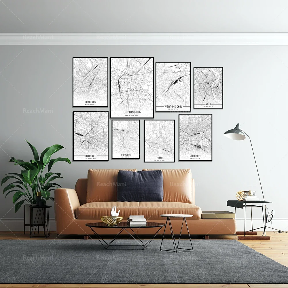 City Map Canvas Wall Art Bonn Map, Muenster City Posters and Prints Decorative Paintings for Living Room Home Decor