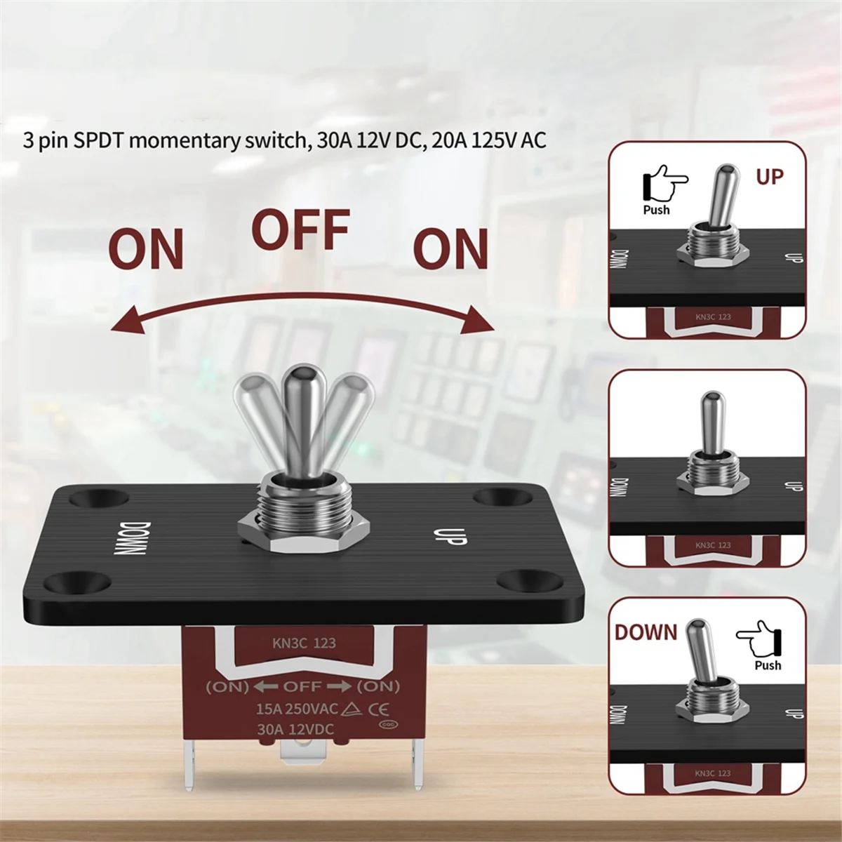 Momentary 30A Toggle Switch Waterproof 12V (ON)/Off/(ON) 3 Pin SPDT with UP/Down Mounting Plate for RV Motor Control