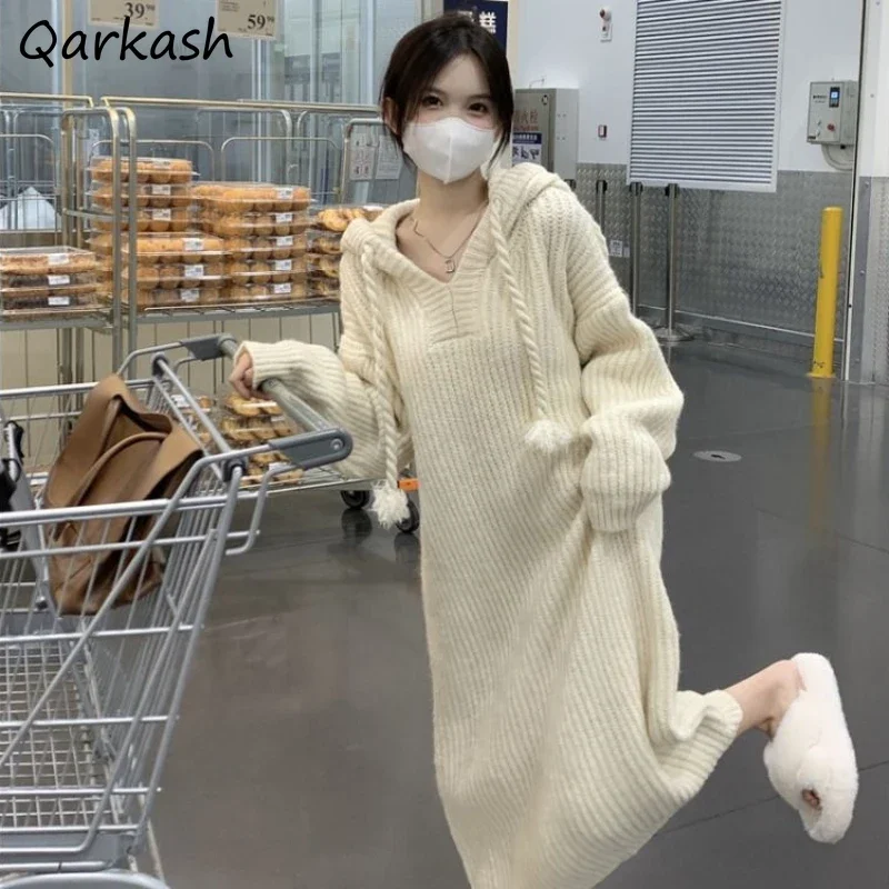 

Платье с капюшоном, женское миди, мешковатое, уютное, зимнее, плотное, вязаное, Ulzzang, милые, для девочек, нежный шнурок, Harajuku, чистая уличная одежда, литературная